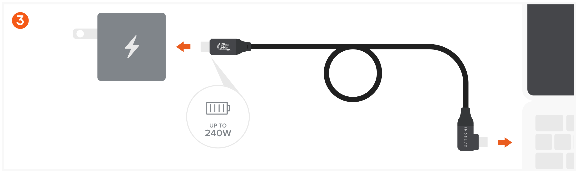 Right-Angle USB-C to USB-C Data & Charge Cable (AP-YCR100K) Quick Start Guide step 3: Charge your host devices up to 240W.