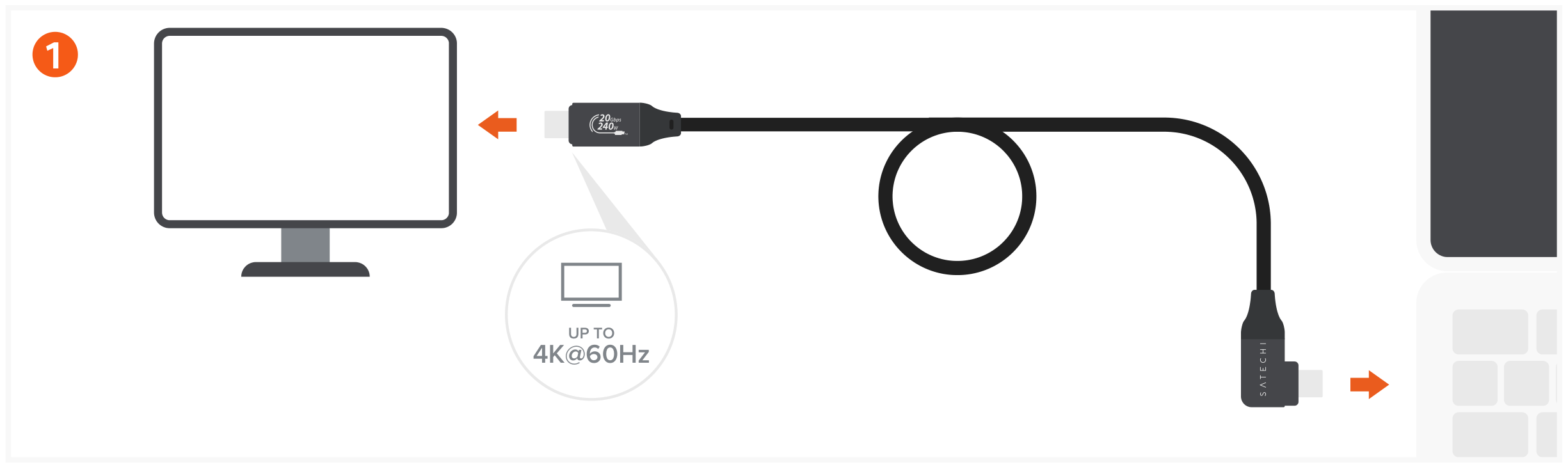 Right-Angle USB-C to USB-C Data & Charge Cable (AP-YCR100K) Quick Start Guide step 1: Connect the Right-Angle USB-C Data & Charge Cable to a USB-C or Thunderbolt external monitor.