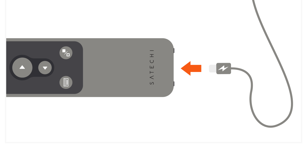 R1 Bluetooth Presentation Remote (ST-BTPR1M) Quick Start Guide step 7: To recharge the remote, connect to a powered USB-C port using the included cable. Flashing red light indicates