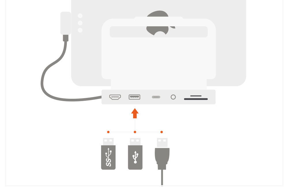 Aluminum Stand & Hub for iPad Pro (ST-TCSHIPM) Quick Start Guide step 4: Use the USB-A data port to connect USB thumb drives or peripherals – up to 5 Gbps.