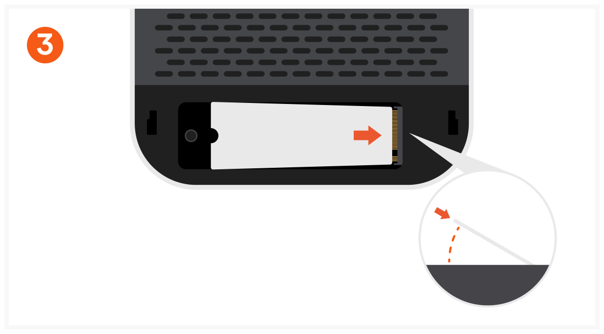 Mac Mini M4 Stand & Hub with SSD Enclosure (ST-GNMMES) Quick Start Guide step 3: Insert the SSD at a slight angle (35-45°) and ensure it is fully seated in the PCIe slot.