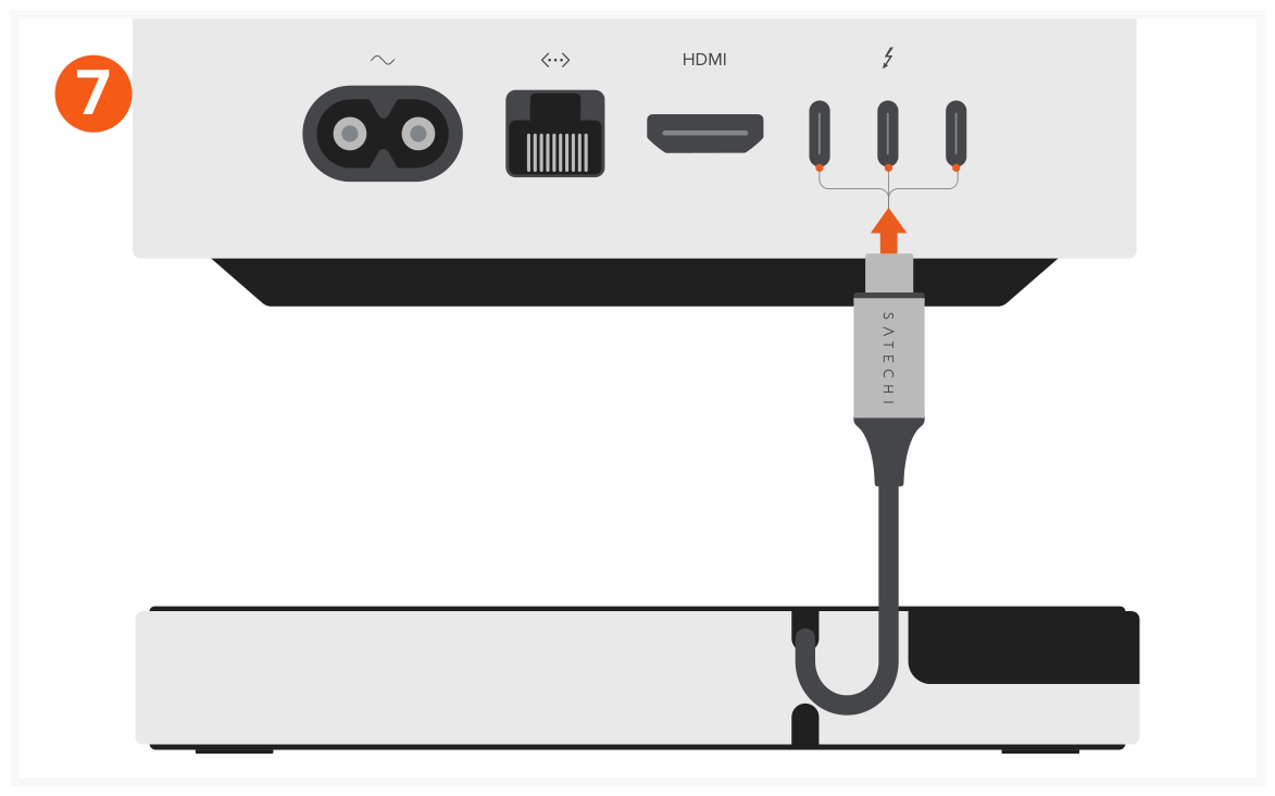 Mac Mini M4 Stand & Hub with SSD Enclosure (ST-GNMMES) Quick Start Guide step 7: Place the stand on a flat surface and use the USB-C cable to connect to your M4 Mac Mini.