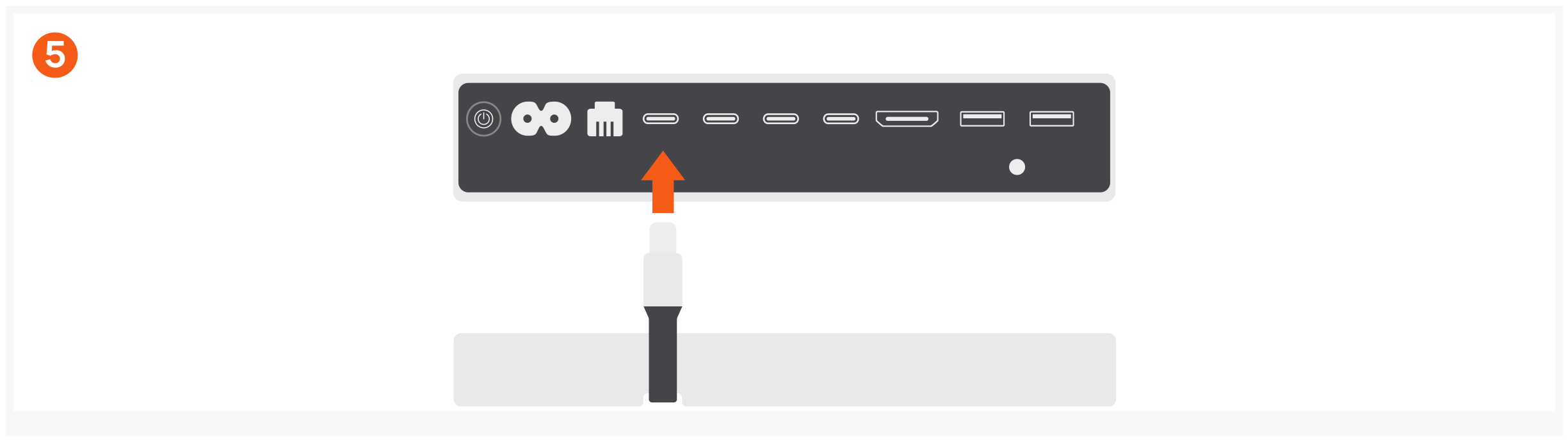 Stand & Hub for Mac Mini / Studio with NVMe SSD Enclosure (ST-GMMSHS) Quick Start Guide step 5: Place the stand on a flat surface and use its USB-C cable to connect to your Mac Mini.