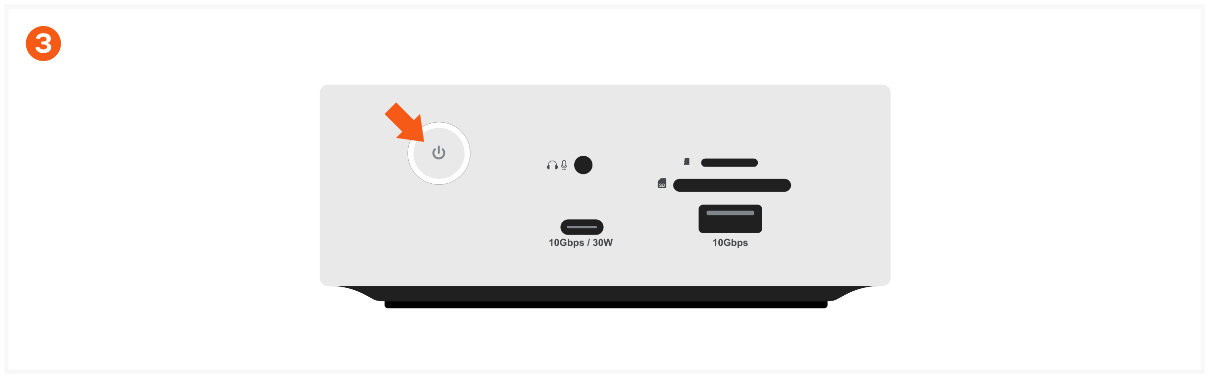 Thunderbolt 5 CubeDock™ with SSD Enclosure (ST-DT5CES-US / -EU / -AU) Quick Start Guide step 3: Press the Power button located on the front of the CubeDock to turn it on.