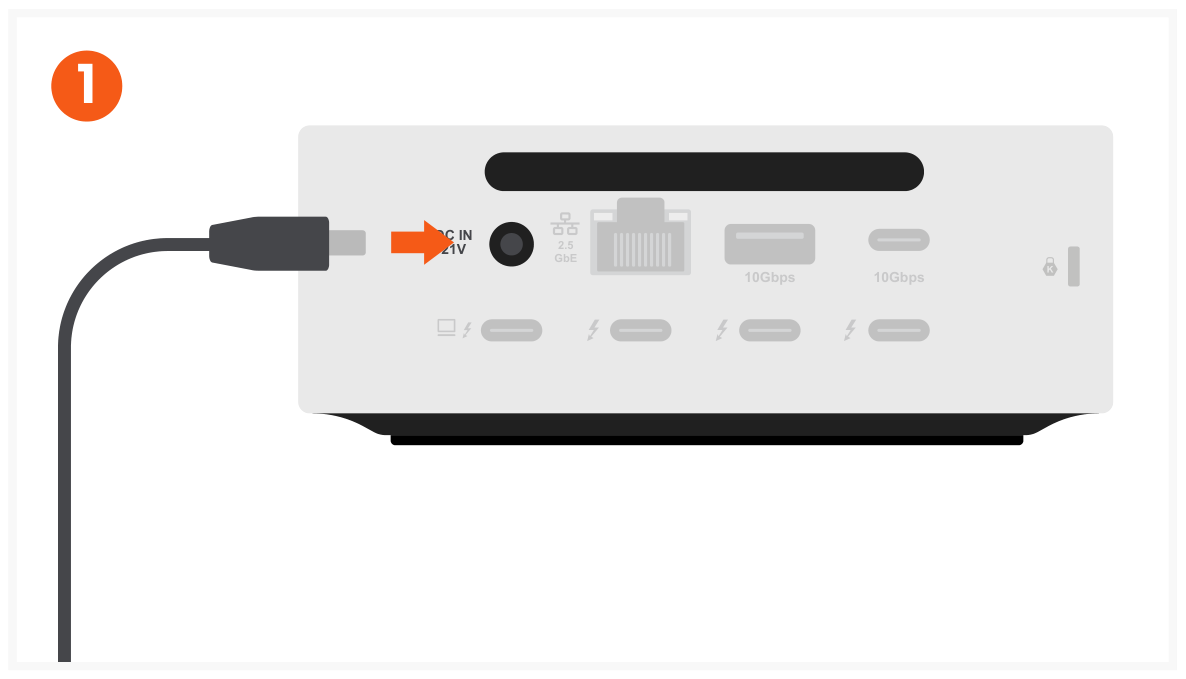 Thunderbolt 5 CubeDock™ with SSD Enclosure (ST-DT5CES-US / -EU / -AU) Quick Start Guide step 1: DC Port (180W Power Supply)