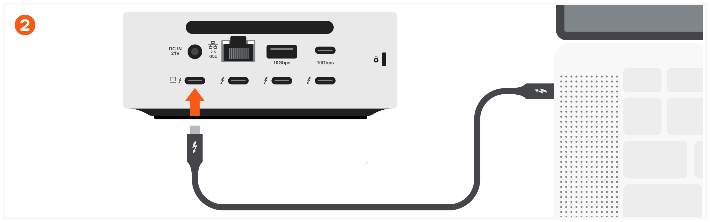 Thunderbolt 5 CubeDock™ with SSD Enclosure (ST-DT5CES-US / -EU / -AU) Quick Start Guide step 2: Connect the CubeDock to a compatible host device.