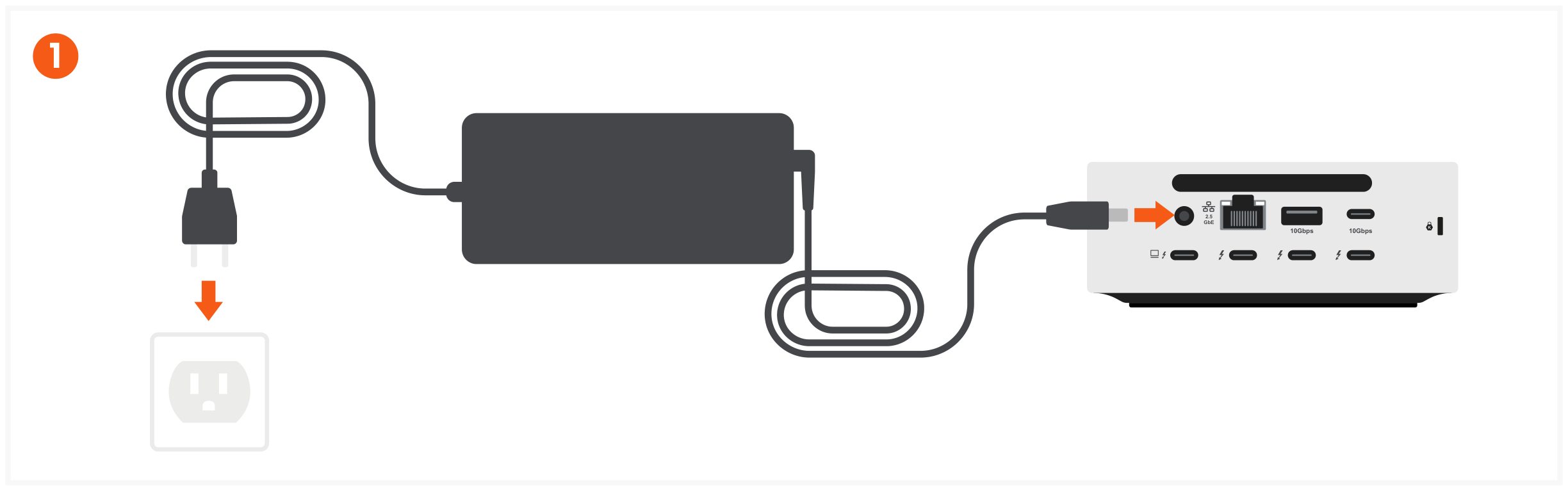 Thunderbolt 5 CubeDock™ with SSD Enclosure (ST-DT5CES-US / -EU / -AU) Quick Start Guide step 1: Plug the 180W Power Supply Unit into a power outlet, then connect the barrel connector to the CubeDock's DC po