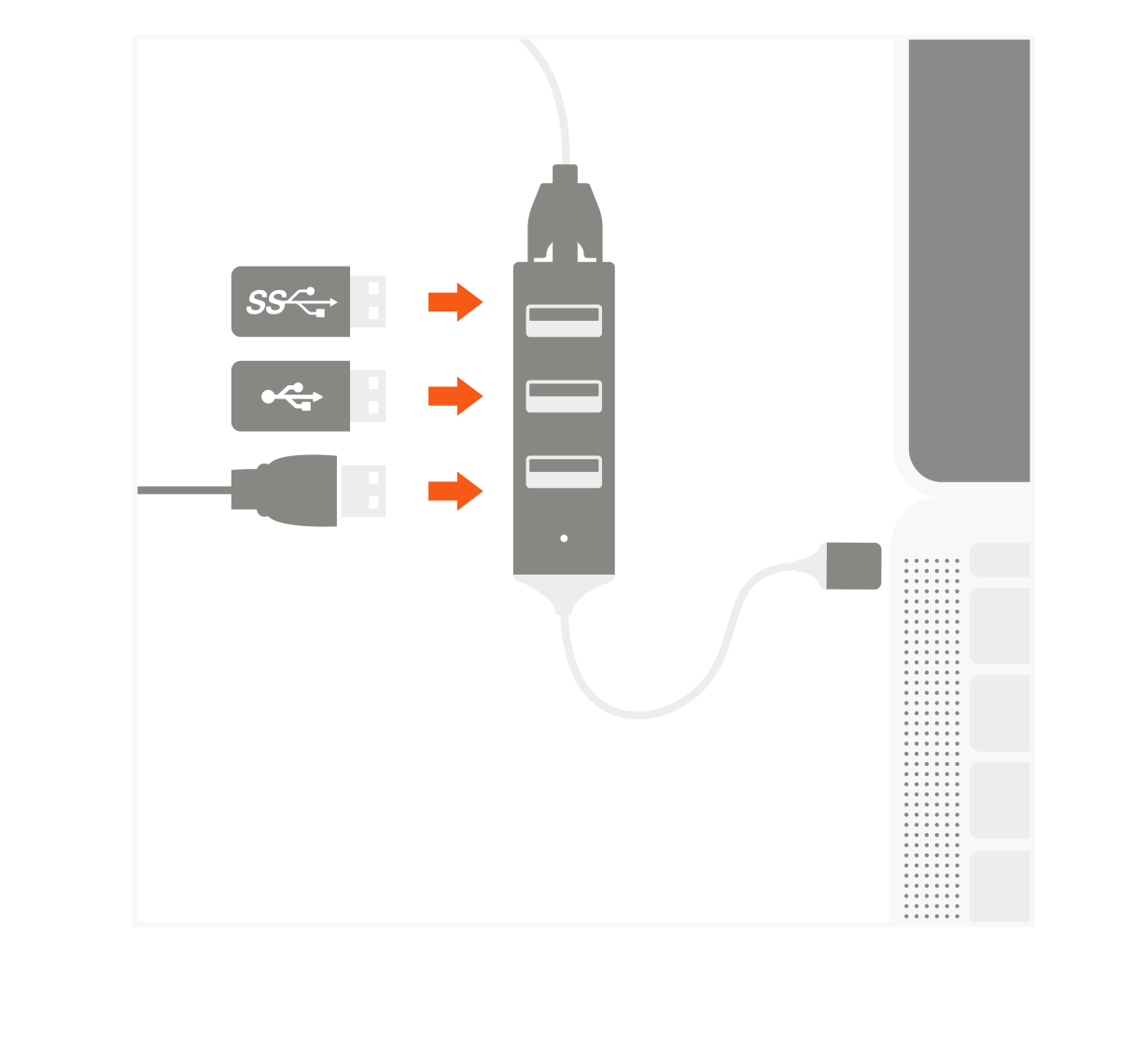 Type-C 2-in-1 USB Hub with Ethernet (ST-TC2N1USB31AS ST-TC2N1USB31AM) Quick Start Guide step 4: Connect up to three USB HDD/SSD/Thumbs or any USB devices to USB 3.0 ports of the Hub.
