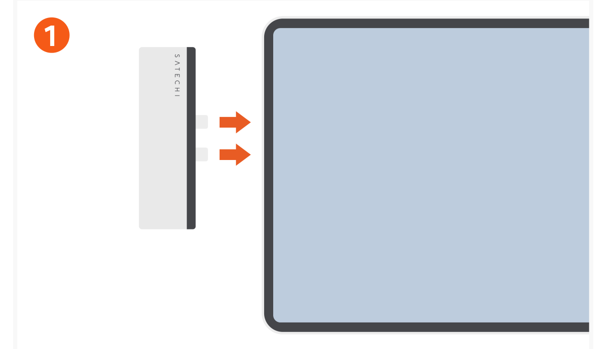 Dual USB-C Hub For Surface Pro 9 (ST-HSP9P) Quick Start Guide step 1: Connect the hub into the two Thunderbolt ports on your Surface Pro 9 with the Satechi logo facing towards the 