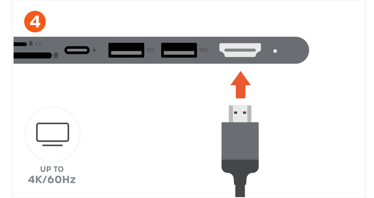 7-in-1 USB-C Slim Multiport Adapter with Ethernet (ST-P7SM ST-P7SS ST-P7SK) Quick Start Guide step 4: Connect an HDMI cable from the adapter to a 4K-compatible display. Up to 4K at 60Hz. Only supports direct HDMI