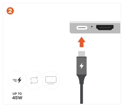 Diagram showing a USB-C charging cable being inserted into the USB-C Power Delivery port on the USB-C Snap Hub, with an Up to 45W label and icons for charging, data passthrough, and display output.
