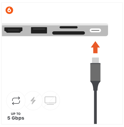 Diagram showing a USB-C cable being connected to the USB-C data port on the USB-C Snap Hub, with an Up to 5 Gbps label and icons for data transfer, charging, and display.