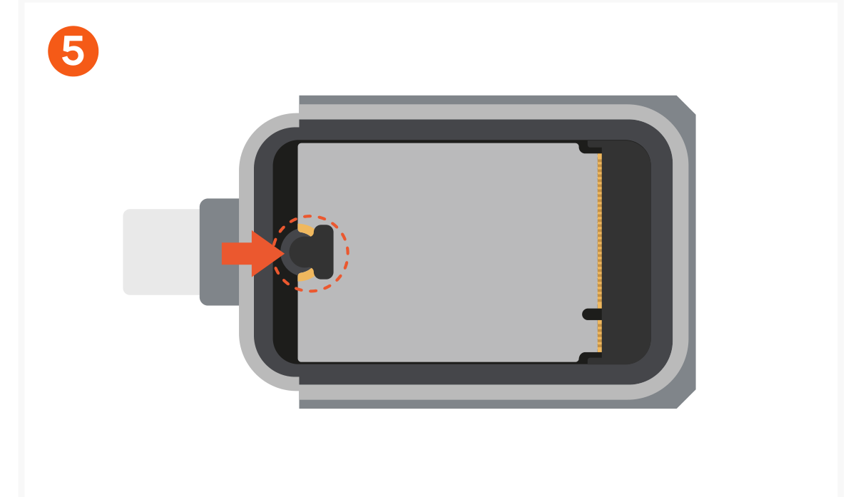 Mini NVMe SSD Enclosure (ST-E2230M) Quick Start Guide step 5: Secure the SSD in place with the silicone pin.