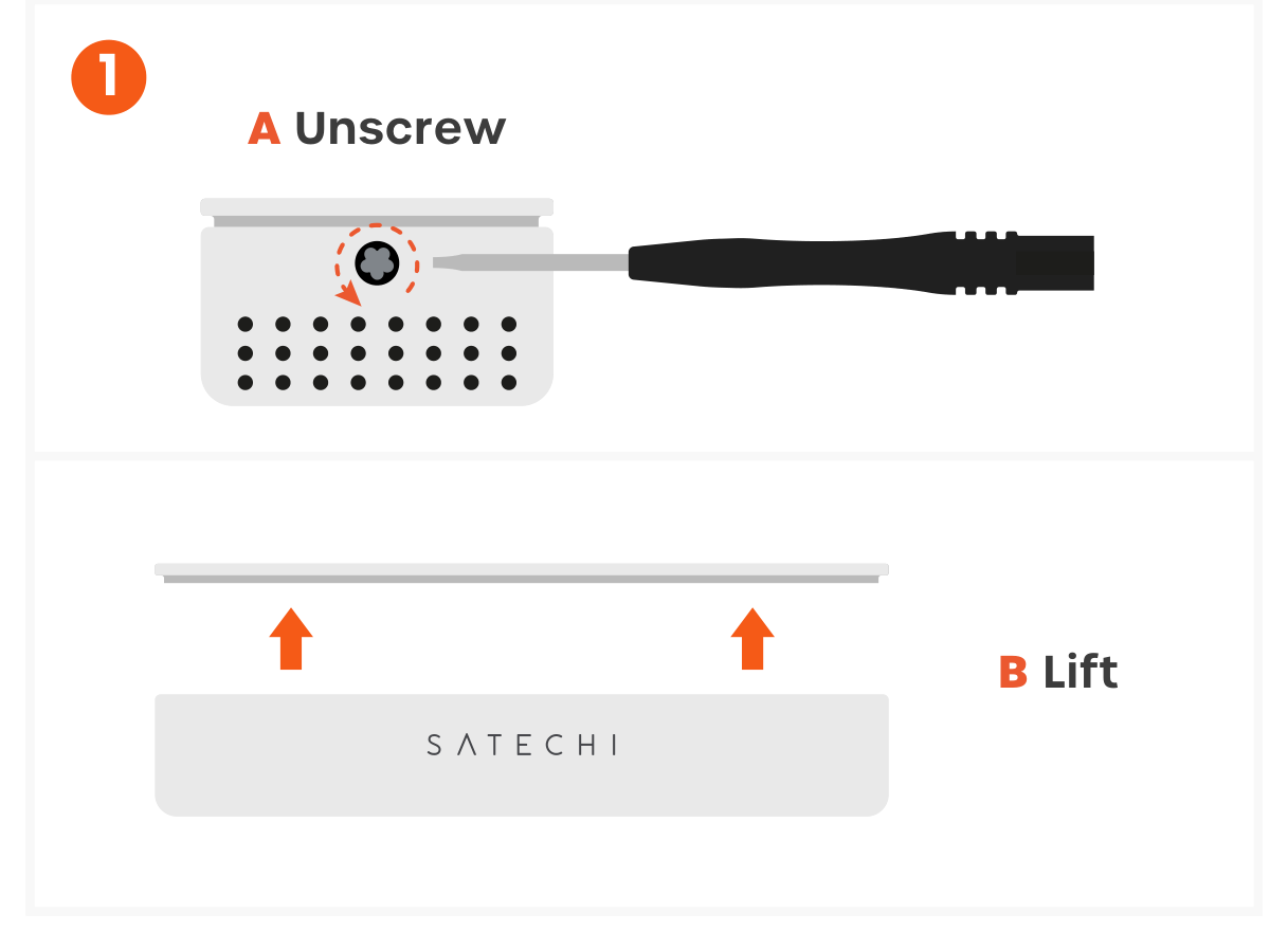DotDisk™ 80Gbps SSD Enclosure (ST-EDD80C, ST-EDD80S) Quick Start Guide step 1: Open the Enclosure A Use the included screwdriver to remove the Top Cover Screw (smaller) from the top of the 