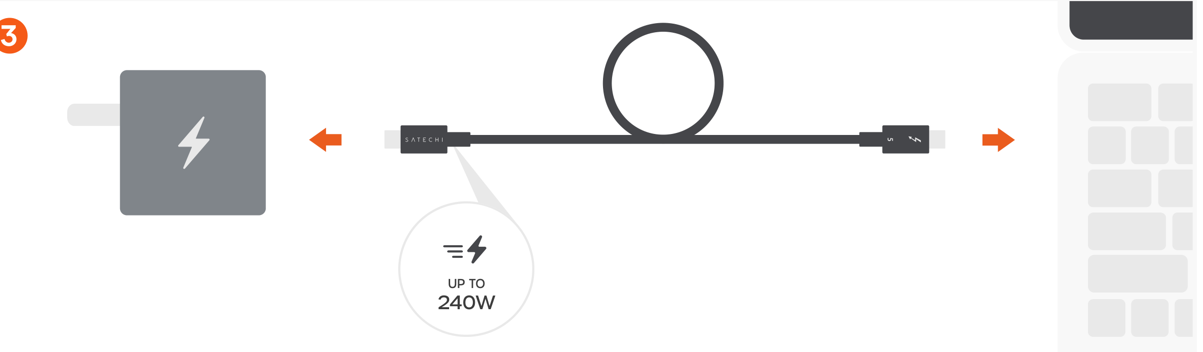 Thunderbolt 5 Pro Cable (ST-YTB5100K) Quick Start Guide step 3: Charge your host device up to 240W. Supports Extended Power Range (EPR). Not all host devices support 240W cha