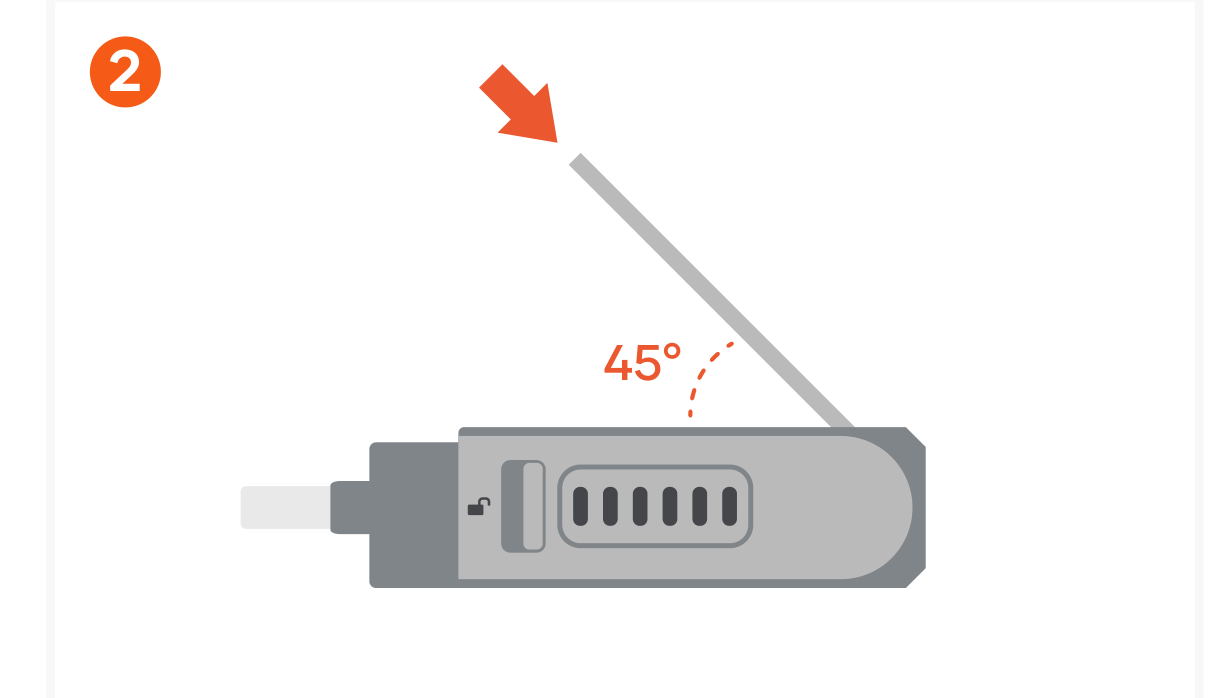 Mini NVMe SSD Enclosure (ST-E2230M) Quick Start Guide step 2: Install a 2230-sized SSD (not included) at a 45° angle.