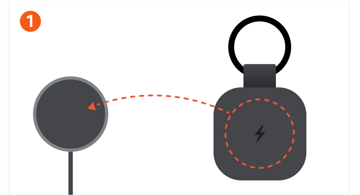 Vegan-Leather FindAll™ Keychain (ST-LKCFK ST-LKCFW ST-LKCFR) Quick Start Guide step 1: Charge the Keychain with a wireless charger (not included). The status light will be orange while charging and