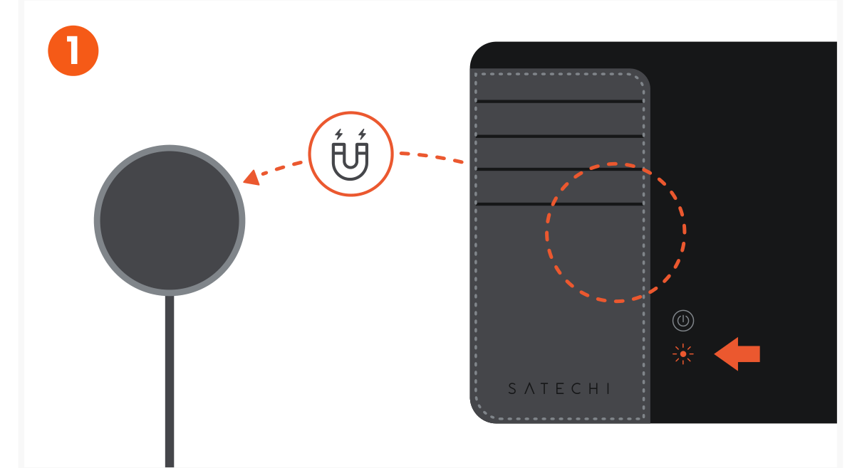 Vegan-Leather FindAll™ Passport Cover (ST-VPCK ST-VPCW ST-VPCR) Quick Start Guide step 1: Charge the Passport Cover with a wireless charger (not included). The status light will be orange while chargi