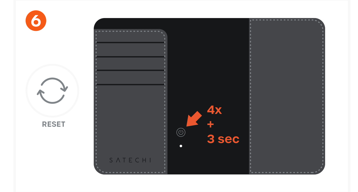 Vegan-Leather FindAll™ Passport Cover (ST-VPCK ST-VPCW ST-VPCR) Quick Start Guide step 6: To factory reset the Passport Cover, quickly press the power button 4 times, then long-press for at least 3 se
