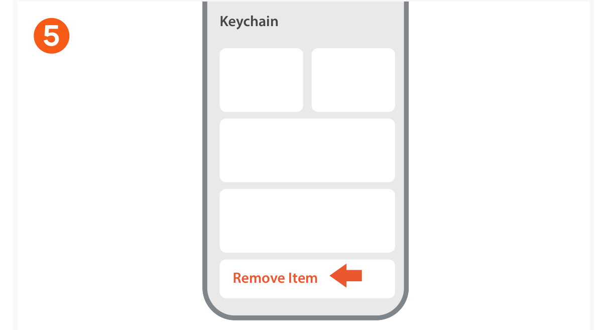 Vegan-Leather FindAll™ Keychain (ST-LKCFK ST-LKCFW ST-LKCFR) Quick Start Guide step 5: To remove the Keychain, open the Find My app, tap the Keychain under Items, tap Remove Item, tap Remove, and c