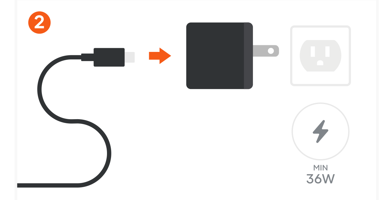 OntheGo™ Qi2 3-in-1 Wireless Charger (ST-QTG31K ST-QTG31W ST-QTG31R) Quick Start Guide step 2: Connect the included USB-C charging cable to a power adapter (not included). A minimum 36W power adapter is re