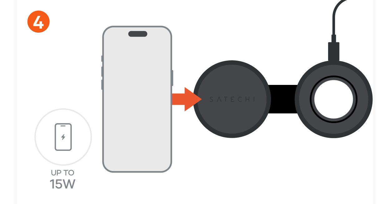 OntheGo™ Qi2 2-in-1 Wireless Charger (ST-QTG21K ST-QTG21W ST-QTG21R) Quick Start Guide step 4: Place a compatible phone on the Qi2 charging pad to begin charging. Supports 15W wireless charging.