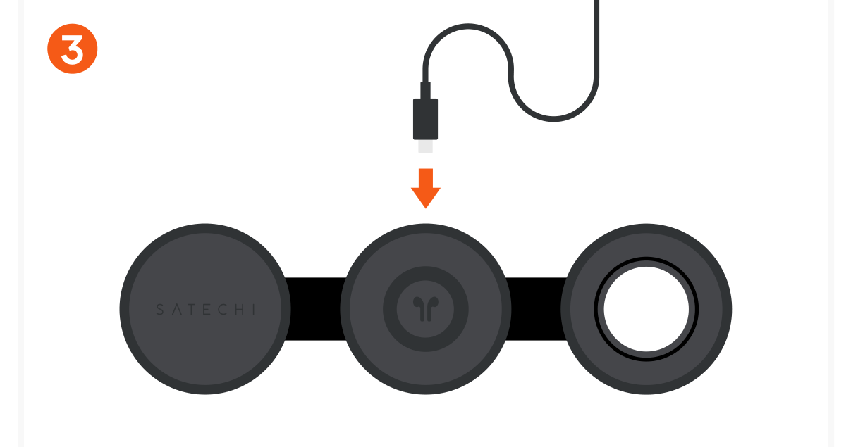 OntheGo™ Qi2 3-in-1 Wireless Charger (ST-QTG31K ST-QTG31W ST-QTG31R) Quick Start Guide step 3: Plug the USB-C charging cable into the USB-C port on the rear of the charger. The front LED indicator will bri