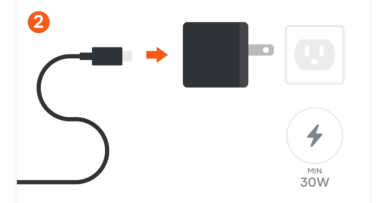 OntheGo™ Qi2 2-in-1 Wireless Charger (ST-QTG21K ST-QTG21W ST-QTG21R) Quick Start Guide step 2: Connect the included USB-C charging cable to a power adapter (not included). A minimum 30W power adapter is re