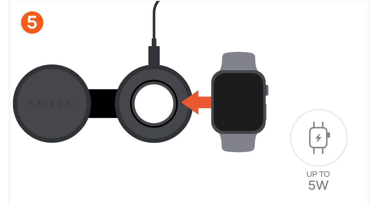 OntheGo™ Qi2 2-in-1 Wireless Charger (ST-QTG21K ST-QTG21W ST-QTG21R) Quick Start Guide step 5: Place the Apple Watch on the watch module to begin charging. Provides 5W charging for Apple Watch Ultra and Ul