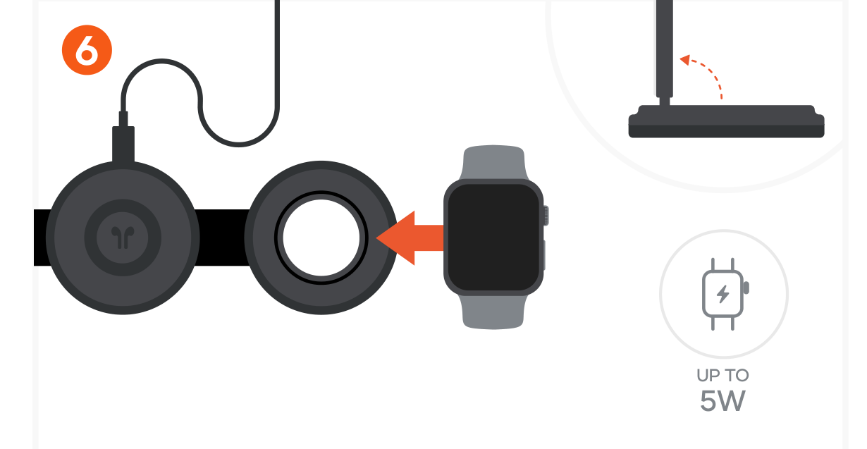 OntheGo™ Qi2 3-in-1 Wireless Charger (ST-QTG31K ST-QTG31W ST-QTG31R) Quick Start Guide step 6: Place the Apple Watch on the watch module to begin charging. Flip the module up to enable Nightstand Mode. Pro