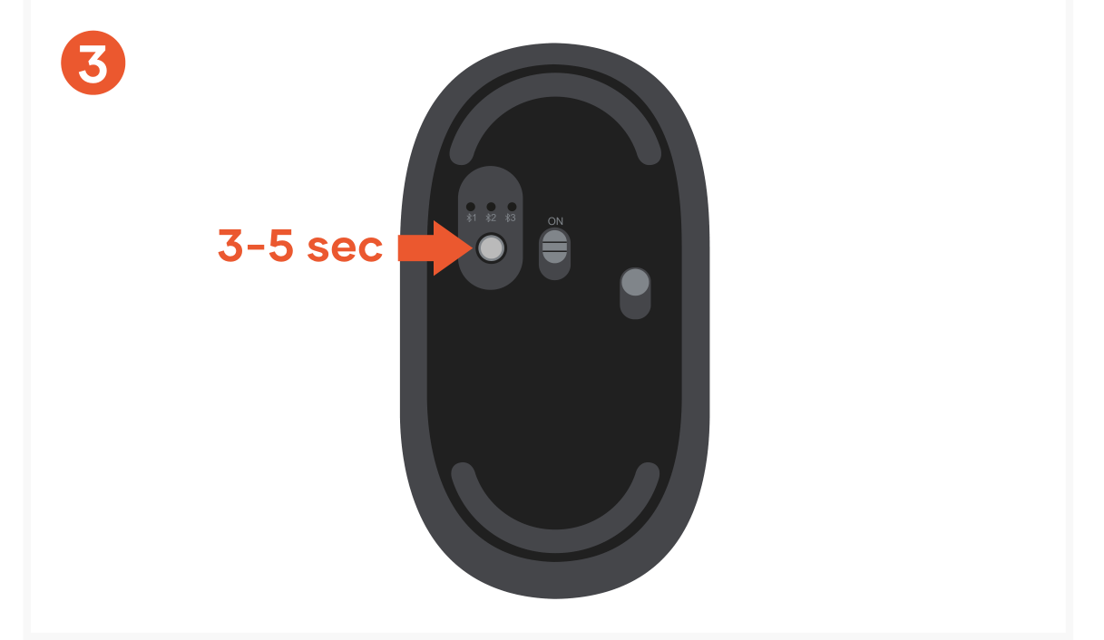 OntheGo™ Bluetooth Mouse (ST-MOTGK ST-MOTGW) Quick Start Guide step 3: Put the mouse into pairing mode. Press and hold the Bluetooth button for 3-5 seconds. The LED will flash white