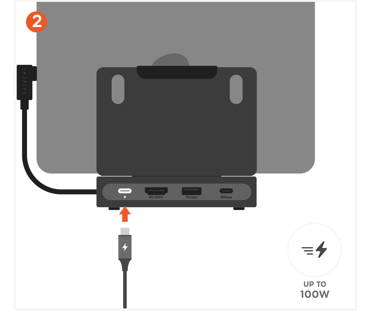 OntheGo™ Foldable Standhub (ST-GOTGFC) Quick Start Guide step 2: Power Your Device with 100W Pass-Through Charging • Connect a USB-C Power Delivery charger to the USB-C PD por