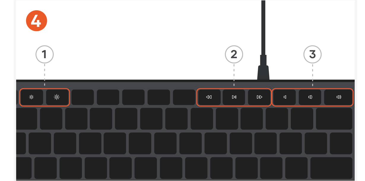 SLIM LX3 WIRED KEYBOARD (ST-KULX3C/S) Quick Start Guide step 4: Using Function Keys Use the function row for system controls such as: 1 - Brightness adjustment 2 - Media play