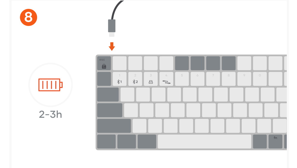 SM1 Slim Mechanical Backlit Bluetooth Keyboard (ST-KSM1LT ST-KSM1DK) Quick Start Guide step 8: To recharge, connect the keyboard to a powered USB-C port using the included cable.