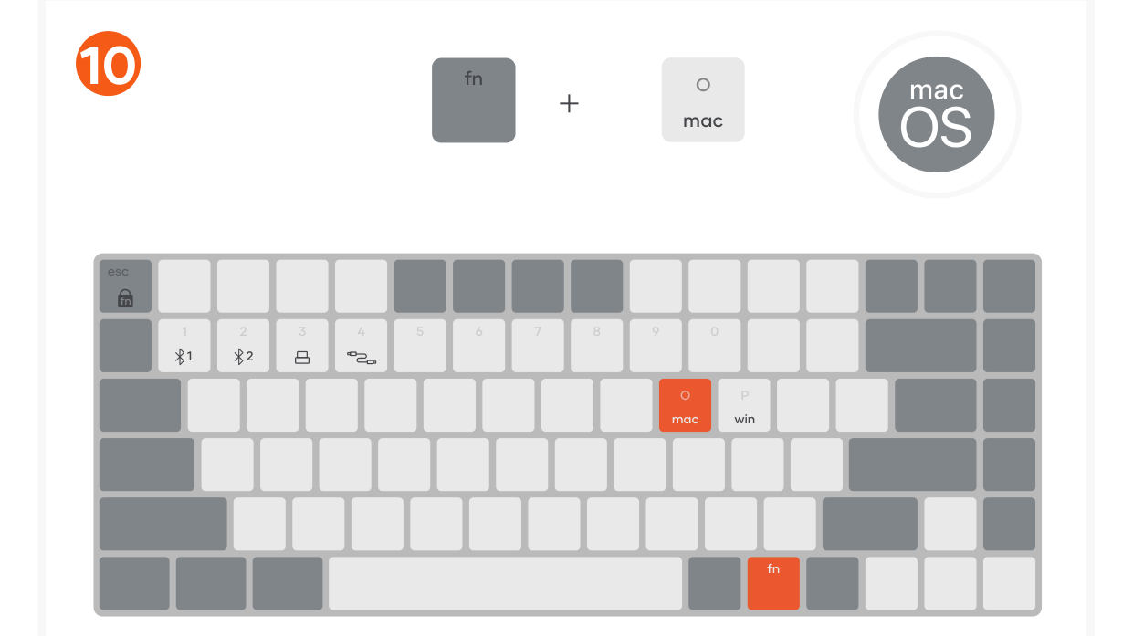 SM1 Slim Mechanical Backlit Bluetooth Keyboard (ST-KSM1LT ST-KSM1DK) Quick Start Guide step 10: Press “FN + O” to change the keyboard to macOS functions.
