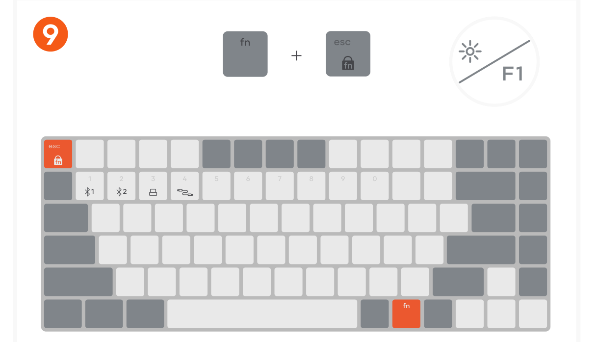 SM1 Slim Mechanical Backlit Bluetooth Keyboard (ST-KSM1LT ST-KSM1DK) Quick Start Guide step 9: Press “FN + Esc” to activate the function key lock and swap between the Media and Function keys (F1-F12).