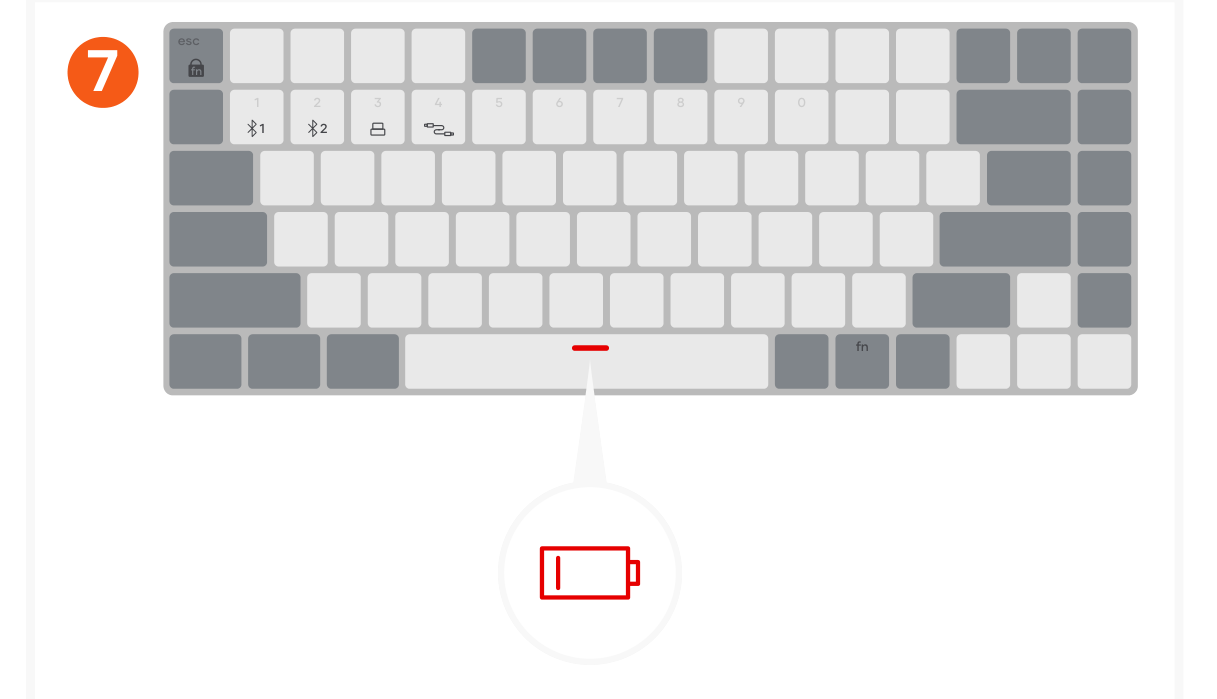 SM1 Slim Mechanical Backlit Bluetooth Keyboard (ST-KSM1LT ST-KSM1DK) Quick Start Guide step 7: Power indicator on the space bar will flash red when on low battery.