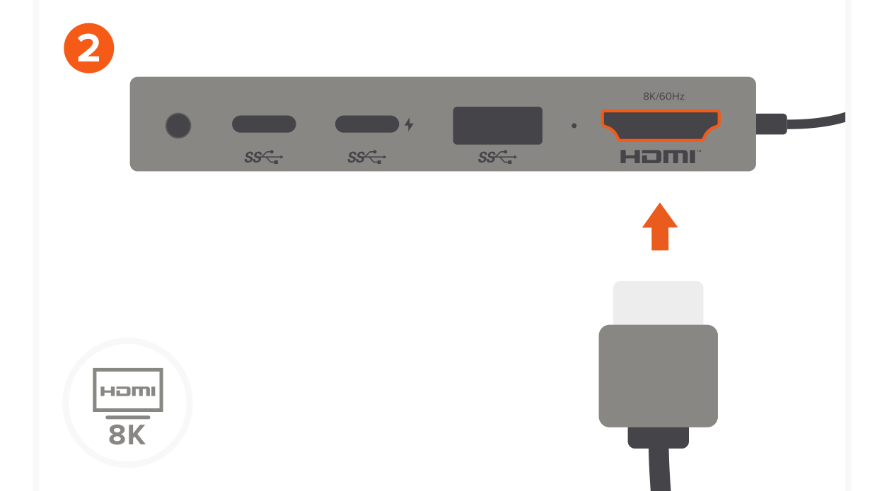USB4 Multiport Adapter with 8K HDMI (ST-U4MA3M) Quick Start Guide step 2: Use the HDMI port to output 8K HDMI to an external monitor or display – up to 60Hz.