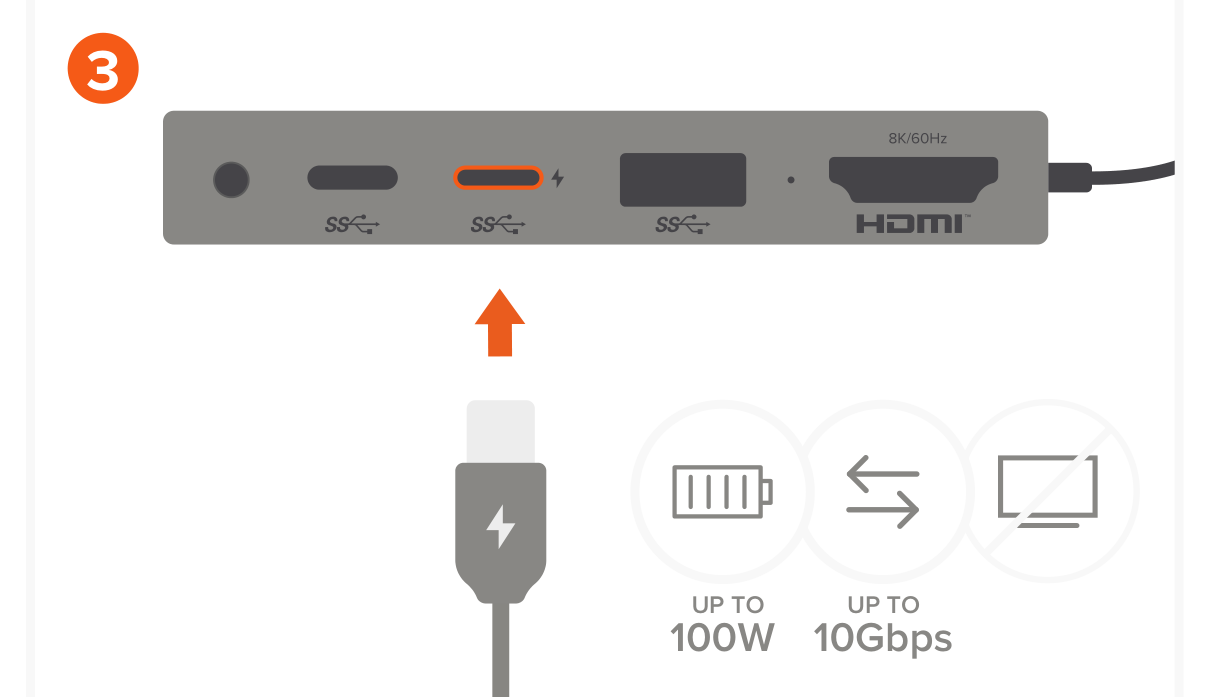 USB4 Multiport Adapter with 8K HDMI (ST-U4MA3M) Quick Start Guide step 3: Use the USB-C PD port to charge your device up to 100W and use data transfer up to 10Gbps.
