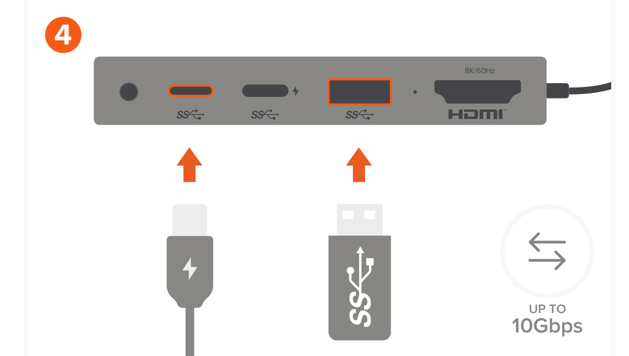 USB4 Multiport Adapter with 8K HDMI (ST-U4MA3M) Quick Start Guide step 4: USB-A and USB-C data ports allows for transfer data at up to 10Gbps speed.
