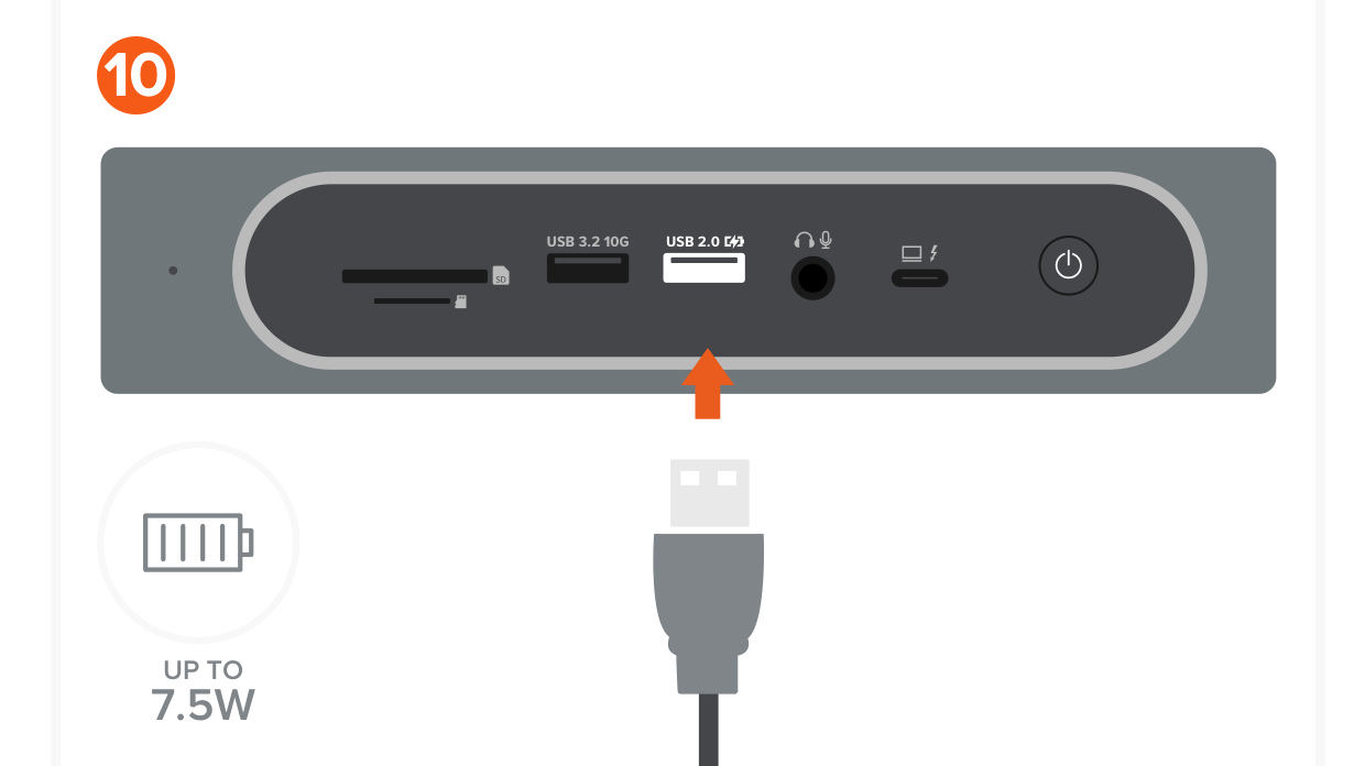 Thunderbolt 4 Multimedia Pro Dock (ST-DT4PMM-US ST-DT4PMM-EU ST-DT4PMM-UK ST-DT4PMM-AU) Quick Start Guide step 10: Use the USB-A 2.0 port for charging a USB device – up to 7.5W.