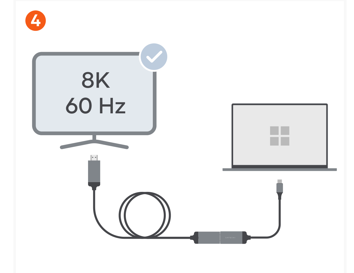 USB-C to HDMI 2.1 8K Adapter (ST-AC8KHM) Quick Start Guide step 4: Adapter provides stable connection in resolutions up to 7680 x 4320 (8K) @ 60Hz.