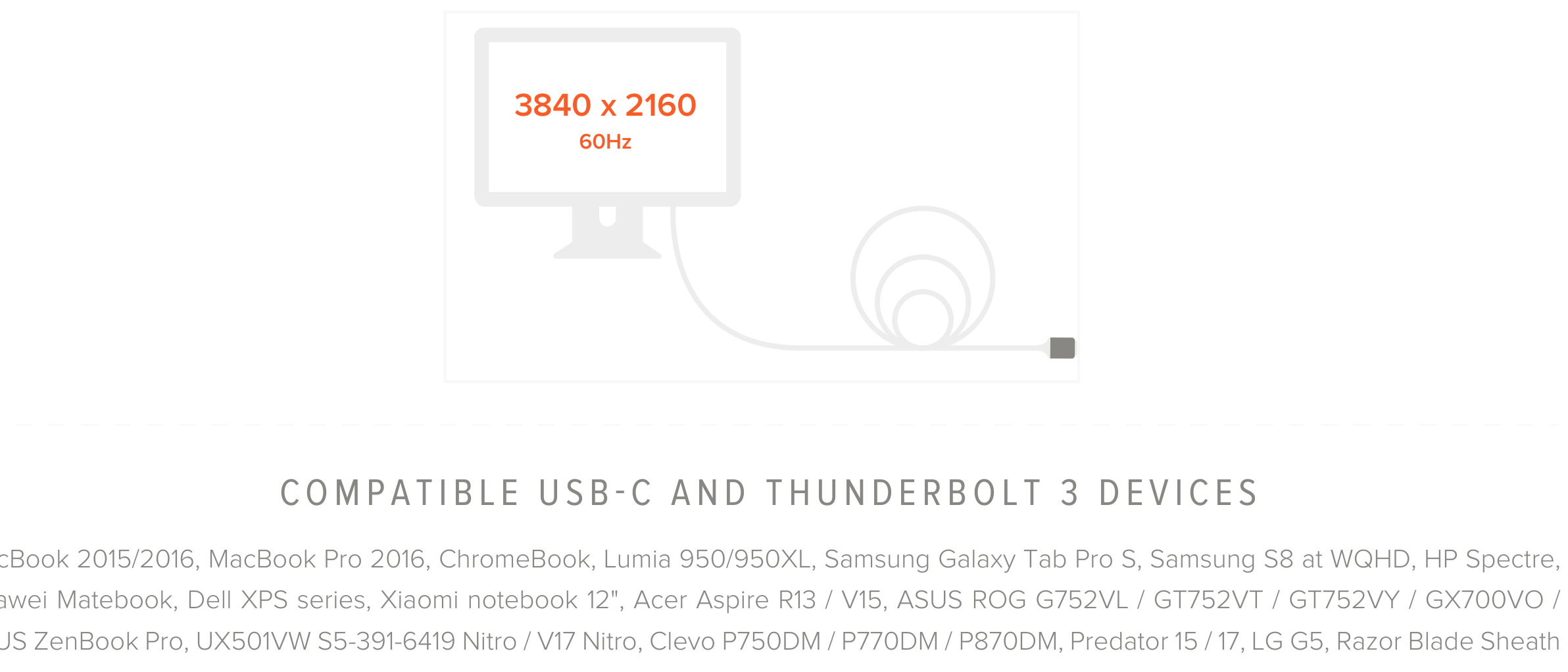 Aluminum Type-C to HDMI Cable Quick Start Guide step 3: The Cable provides stable connection in resolutions up to 3840 x 2160 @ 60Hz.