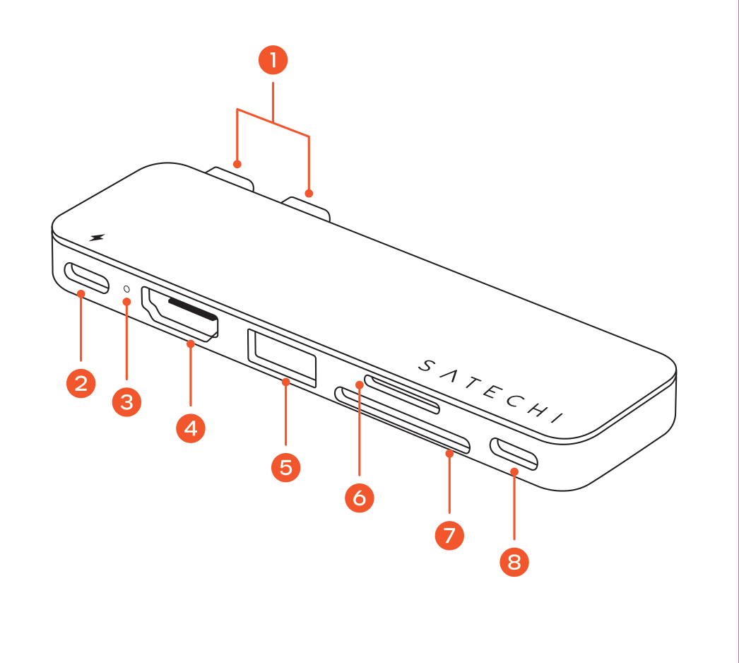 USB-C Snap Hub parts diagram with 8 labeled components