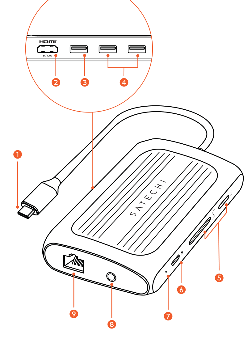 USB4 Multiport Adapter with 8K HDMI parts diagram with 9 labeled components
