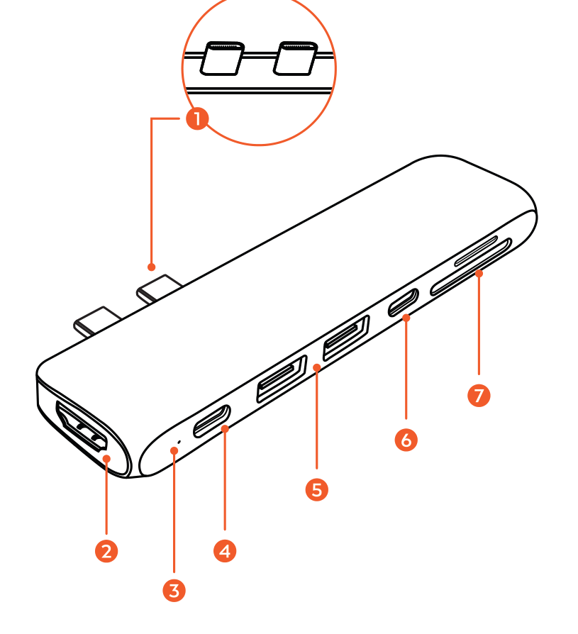 Aluminum Type-C Pro Hub Adapter parts diagram with 7 labeled components