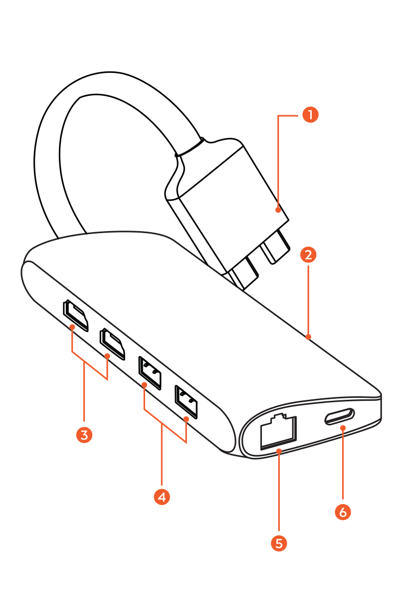 Type-C Dual Multimedia Adapter parts diagram with 6 labeled components