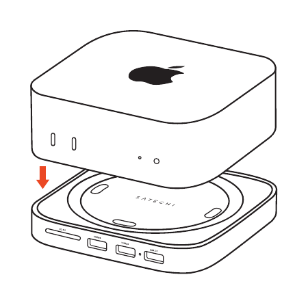 Mac Mini M4 Stand & Hub with SSD Enclosure (ST-GNMMES) setup diagram showing the Mac Mini being docked onto the hub