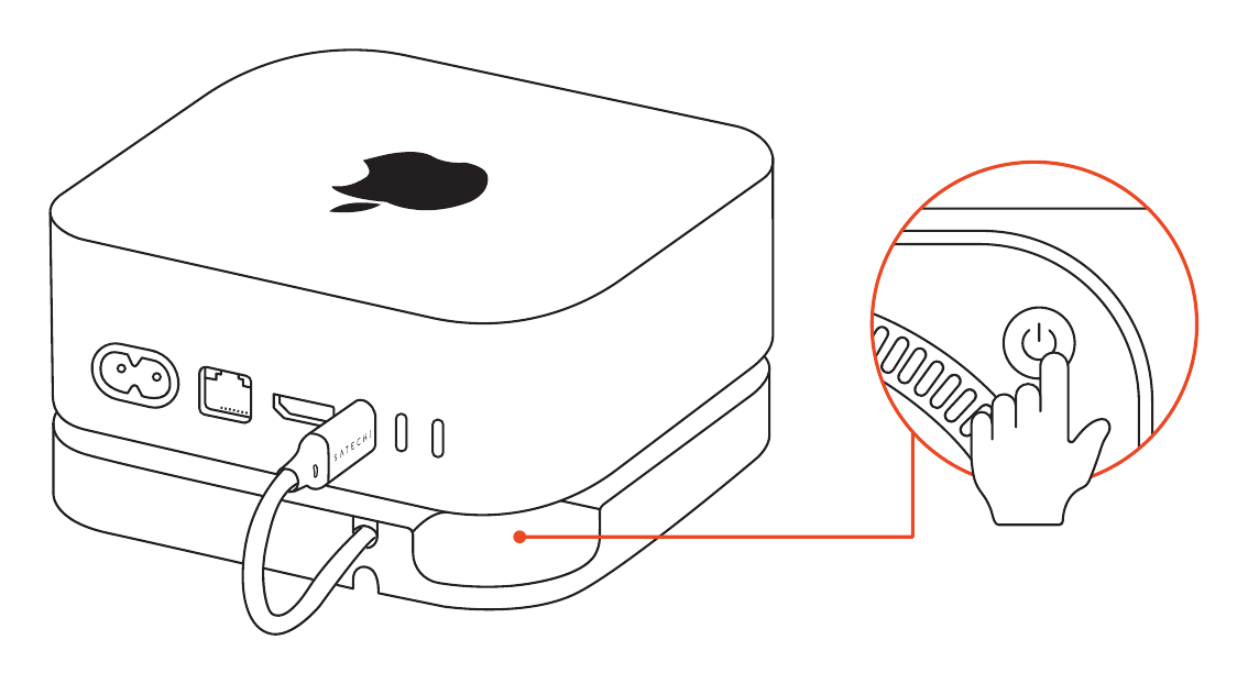 Mac Mini M4 Stand & Hub with SSD Enclosure (ST-GNMMES) power button cutout giving fingertip access to the Mac Mini power button