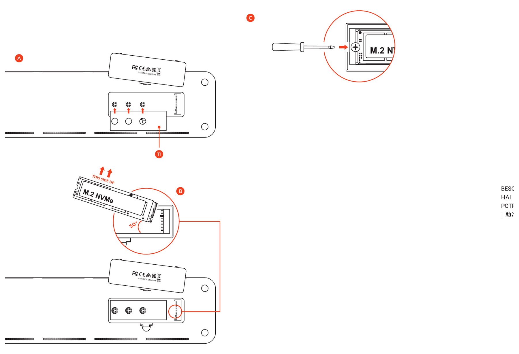 Dual Dock Stand - Docking Station with NVMe SSD Enclosure (ST-DDSM) SSD installation diagram: A shows the enclosure cover removed with the thermal pad, B shows the M.2 SSD inserted at a 30 degree angle, and C shows the retaining screw being tightened with a screwdriver